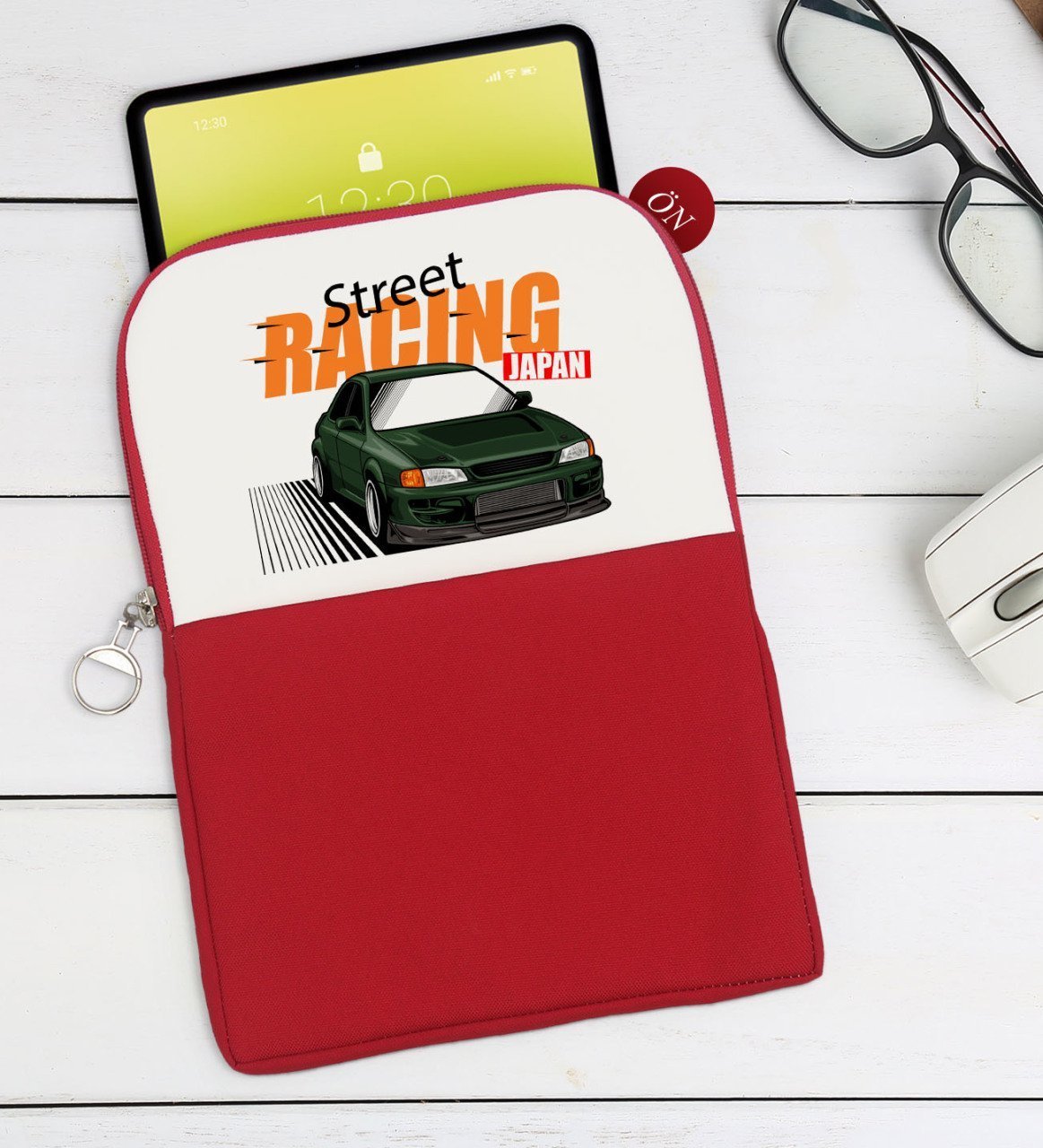 BK Gift Street Racing Tasarımlı Taşınabilir Koruyucu Tablet Kılıfı & Organizer Çanta - Kırmızı-1