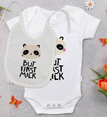 BK Kids But First Milk Tasarımlı Bebek Body Zıbın ve Mama Önlüğü Hediye Seti - Model 1