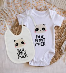 BK Kids But First Milk Tasarımlı Bebek Body Zıbın ve Mama Önlüğü Hediye Seti - Model 1
