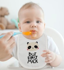 BK Kids But First Milk Tasarımlı Bebek Body Zıbın ve Mama Önlüğü Hediye Seti - Model 1
