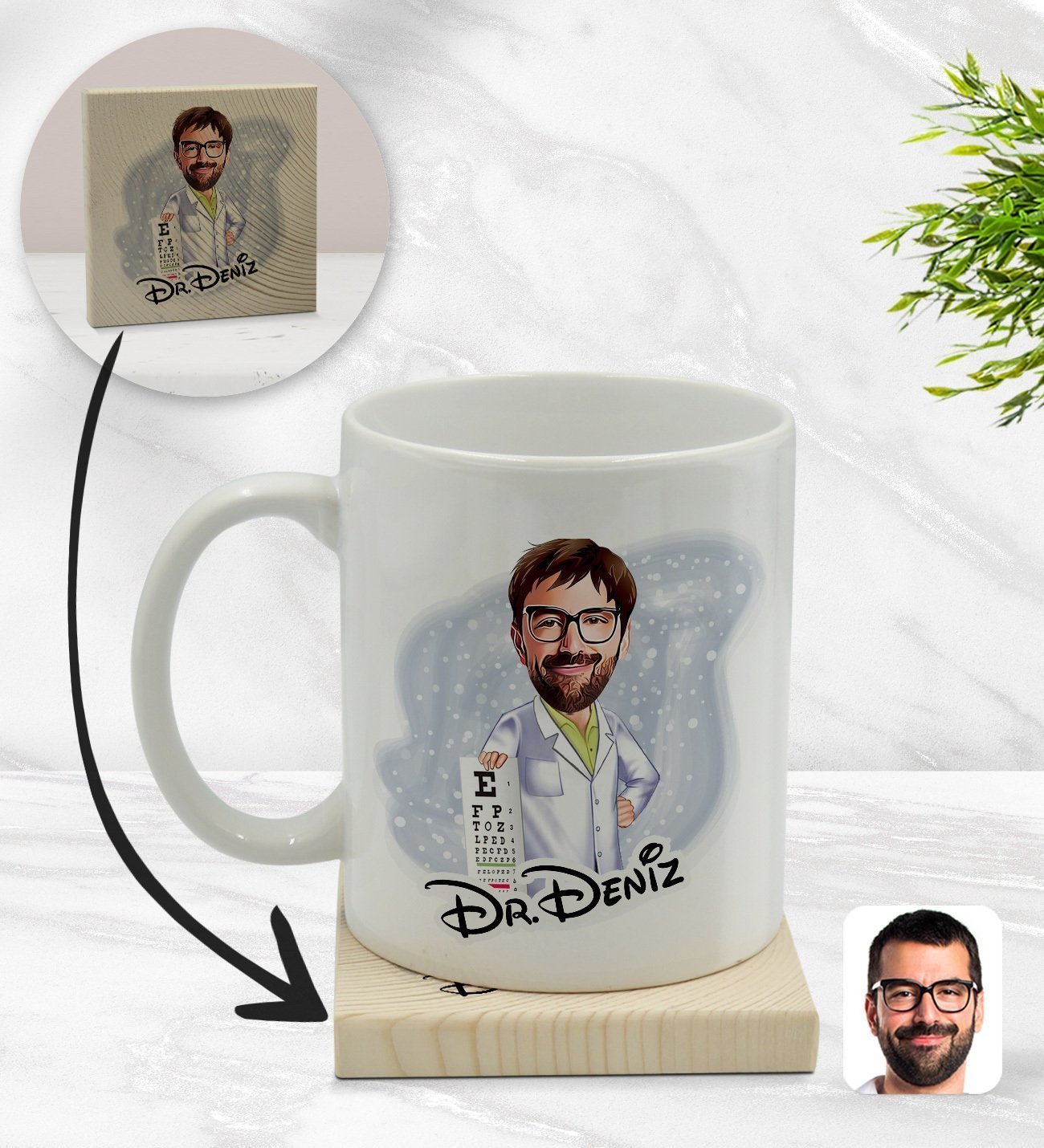 Kişiye Özel Erkek Göz Doktoru Karikatürlü Beyaz Kupa Bardak ve Ahşap Bardak Altlığı Hediye Seti - Model 1