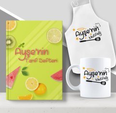 Kişiye Özel İsimli Mutfak Önlüğü Kupa ve Yemek Tarif Defteri Hediye Seti-12