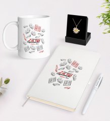 Kişiye Özel Dünyanın En İyi Öğretmeni Beyaz Kupa Defter Kalem ve İsimli Papatya Kolye Hediye Seti-7