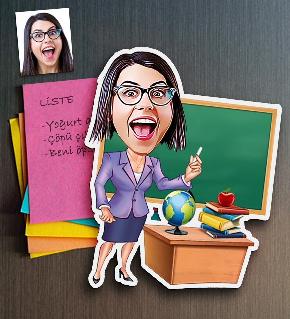 Kişiye Özel Bayan Öğretmen Karikatürlü Ahşap Magnet-1