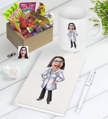 Kişiye Özel Bayan Doktor Karikatürlü Nostaljik Lezzetler Defter Kalem Kupa Hediye Seti-1