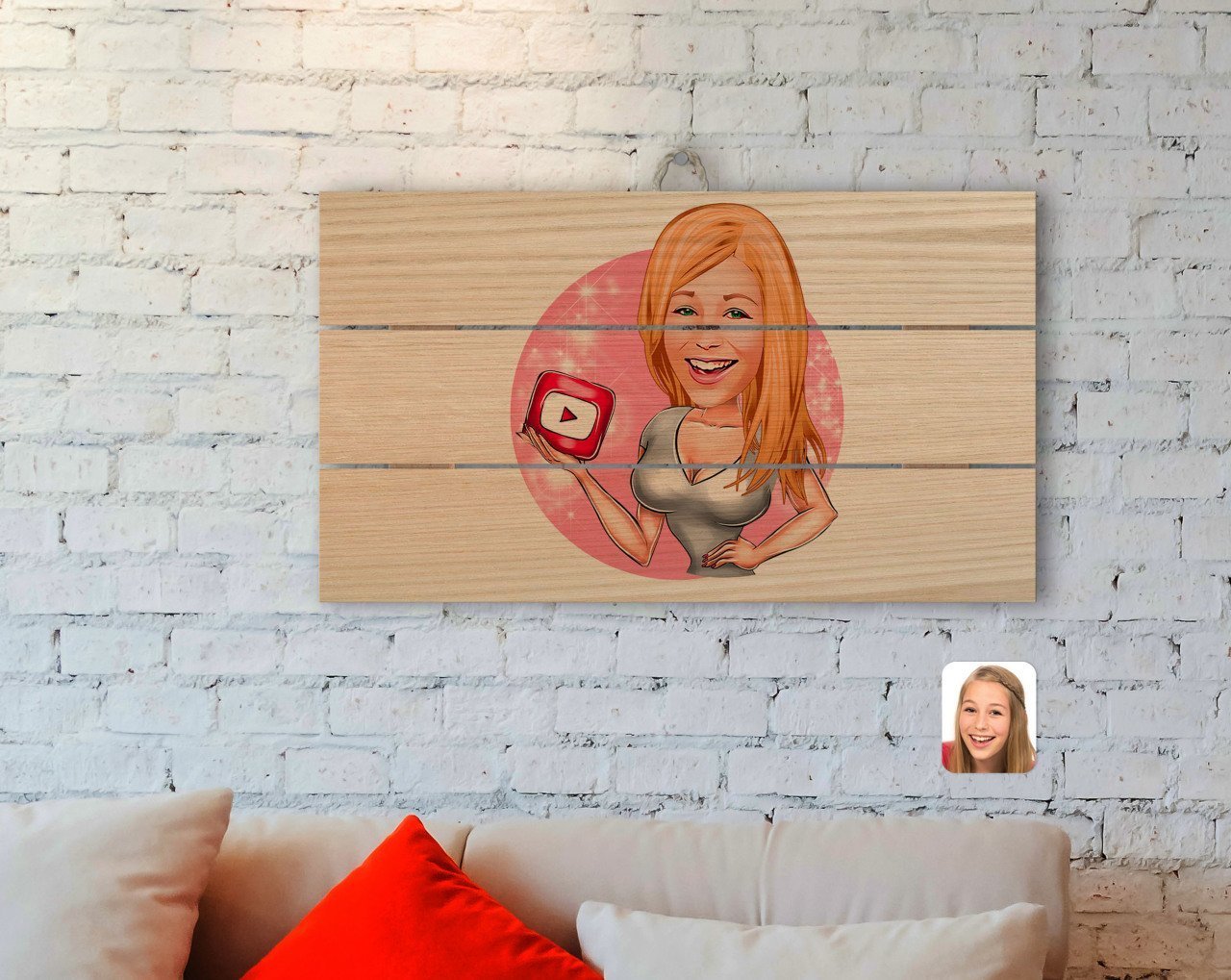 Kişiye Özel Kadın Youtuber Karikatürlü Otantik Ahşap Palet Tablo-1
