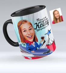 Kişiye Özel Hostes Karikatürlü Siyah Kupa Bardak - 1