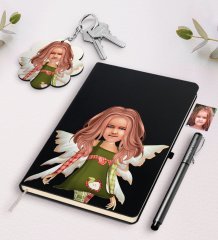 Kişiye Özel Kız Çocuk Peri Karikatürlü Siyah Defter Kalem Ve Anahtarlık Hediye Seti-1
