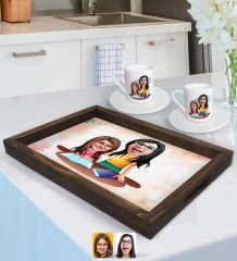 Kişiye Özel Anne Kız Karikatürlü Doğal Ahşap Tepsi ve 2’li Kahve Fincan Seti-1