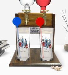 Kişiye Özel Renkli Baskılı London Tasarımlı İkili Vodka Bardağı ve Çift Musluklu Doğal Ahşap Vodka Standı-4