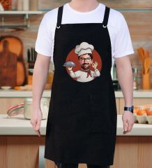 BK Gift Kişiye Özel Karikatürlü Chef Tasarımlı Profesyonel Siyah Mutfak Önlüğü, Aşçı Önlüğü, Şef Önlüğü, Arkadaşa Hediye-2