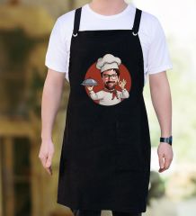BK Gift Kişiye Özel Karikatürlü Chef Tasarımlı Profesyonel Siyah Mutfak Önlüğü, Aşçı Önlüğü, Şef Önlüğü, Arkadaşa Hediye-2