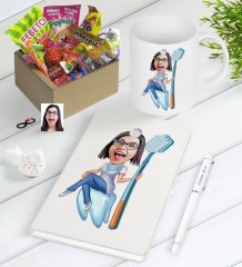 Kişiye Özel Bayan Diş Hekimi Karikatürlü Nostaljik Lezzetler Defter Kalem Kupa Hediye Seti-2