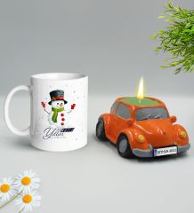 Yılbaşı Hediyesi BK Gift Kişiye Özel Yeni Yıl Tasarımlı Beyaz Kupa Bardak ve Plakalı Nostaljik Vosvos Mum Hediye Seti-8, Sevgiliye, Arkadaşa Hediye
