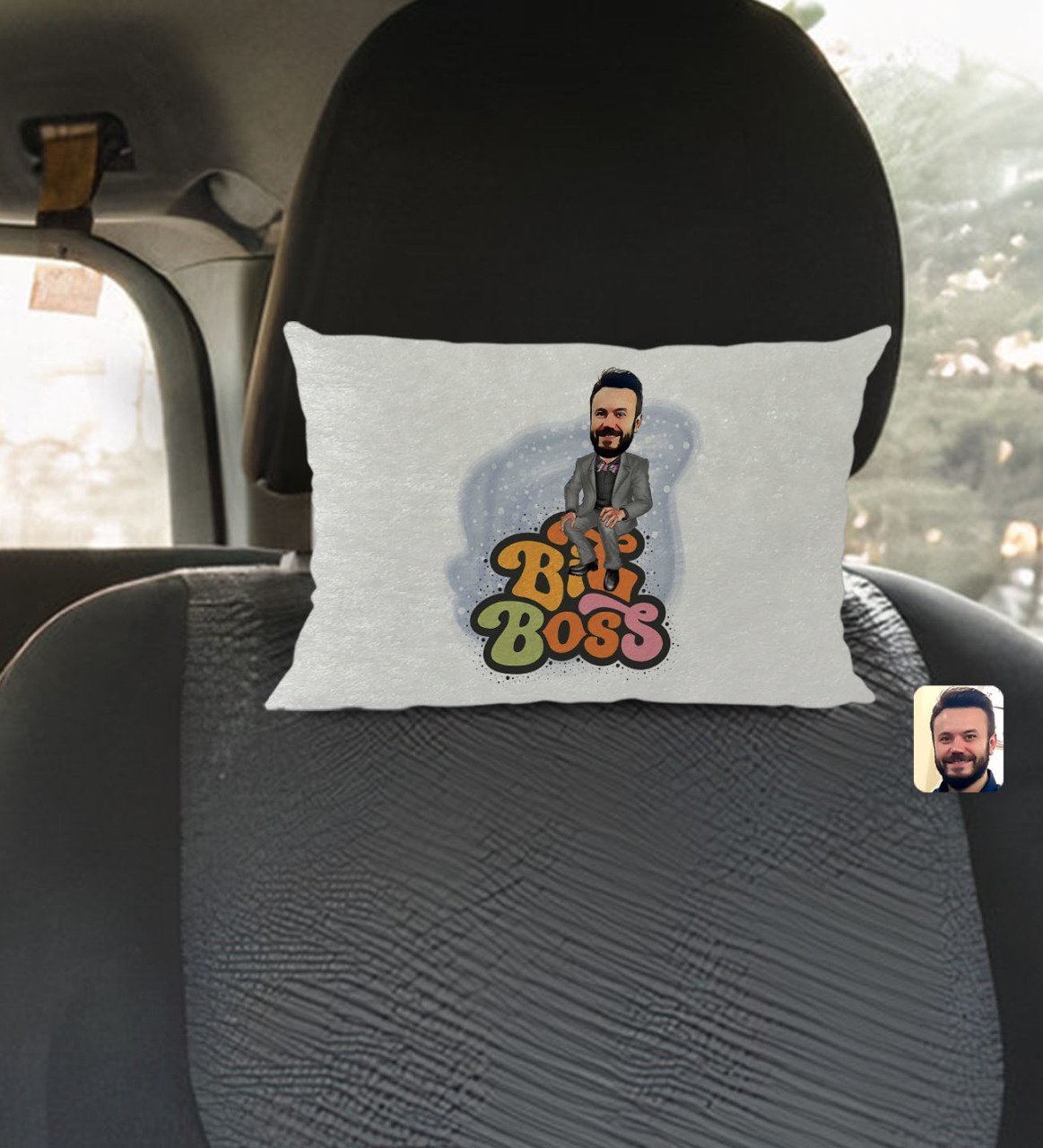 Kişiye Özel Erkek Big Boss Karikatürlü Dikdörtgen Araç Koltuk Yastığı-3