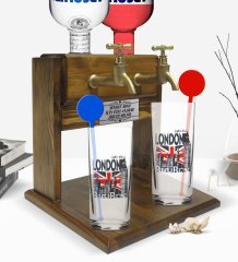 Kişiye Özel Renkli Baskılı London Tasarımlı İkili Vodka Bardağı ve Çift Musluklu Doğal Ahşap Vodka Standı-3