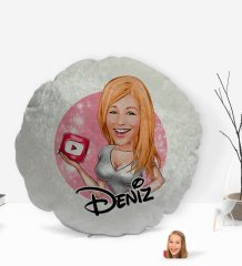 Kişiye Özel İsimli Kadın Youtuber Karikatürlü Yuvarlak Dekoratif Kırlent Yastık-2