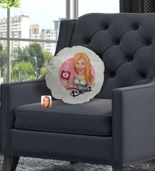 Kişiye Özel İsimli Kadın Youtuber Karikatürlü Yuvarlak Dekoratif Kırlent Yastık-2