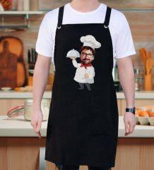 BK Gift Kişiye Özel Karikatürlü Chef Tasarımlı Profesyonel Siyah Mutfak Önlüğü, Aşçı Önlüğü, Şef Önlüğü, Arkadaşa Hediye-1
