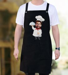 BK Gift Kişiye Özel Karikatürlü Chef Tasarımlı Profesyonel Siyah Mutfak Önlüğü, Aşçı Önlüğü, Şef Önlüğü, Arkadaşa Hediye-1