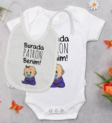BK Kids Burada Patron Benim Tasarımlı Bebek Body Zıbın ve Mama Önlüğü Hediye Seti - Model 1