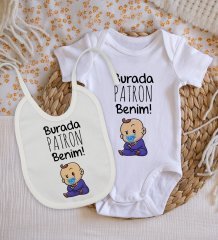 BK Kids Burada Patron Benim Tasarımlı Bebek Body Zıbın ve Mama Önlüğü Hediye Seti - Model 1