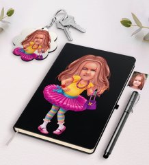 Kişiye Özel Kız Çocuk Karikatürlü Siyah Defter Kalem Ve Anahtarlık Hediye Seti-11