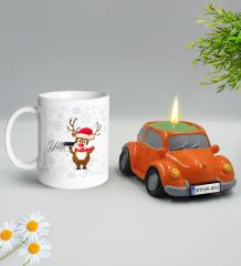 Yılbaşı Hediyesi BK Gift Kişiye Özel Yeni Yıl Tasarımlı Beyaz Kupa Bardak ve Plakalı Nostaljik Vosvos Mum Hediye Seti-7, Sevgiliye, Arkadaşa Hediye