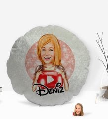 Kişiye Özel İsimli Kadın Youtuber Karikatürlü Yuvarlak Dekoratif Kırlent Yastık-1