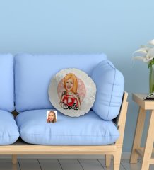 Kişiye Özel İsimli Kadın Youtuber Karikatürlü Yuvarlak Dekoratif Kırlent Yastık-1