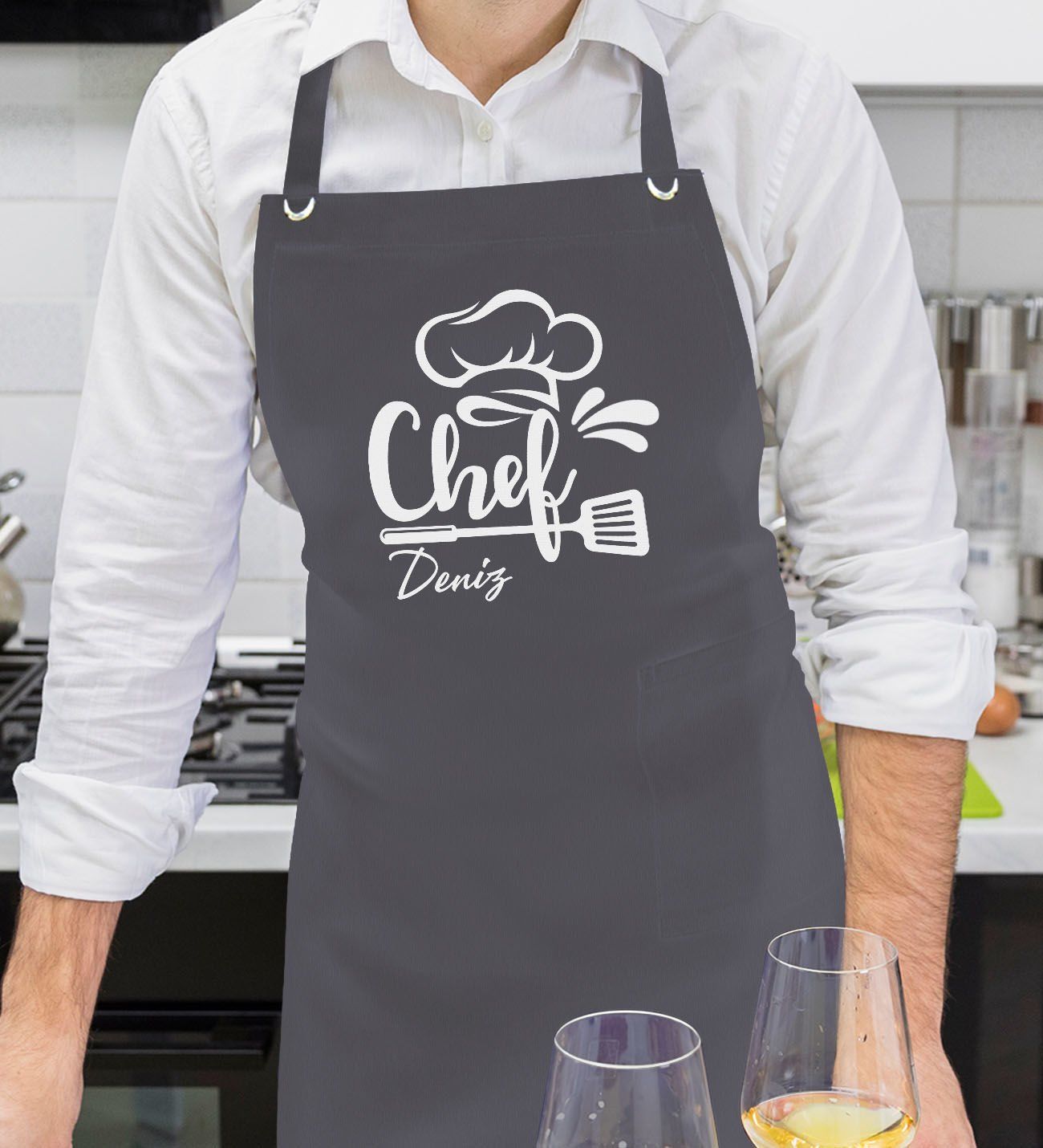 BK Gift Kişiye Özel İsimli Chef Tasarımlı Profesyonel Antrasit Mutfak Önlüğü, Aşçı Önlüğü, Şef Önlüğü, Arkadaşa Hediye-5