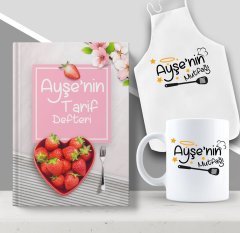Kişiye Özel İsimli Mutfak Önlüğü Kupa ve Yemek Tarif Defteri Hediye Seti-9