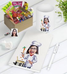 Kişiye Özel Bayan Chef Karikatürlü Nostaljik Lezzetler Defter Kalem Kupa Hediye Seti-1
