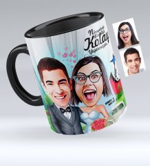 Kişiye Özel Evleniyoruz Karikatürlü Siyah Kupa Bardak - 1