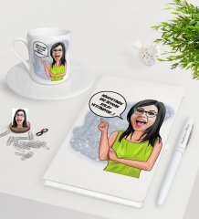 Kişiye Özel Bayan Kolay Yetişmiyor Karikatürlü Beyaz Defter Kalem Türk Kahvesi Fincanı Seti-5
