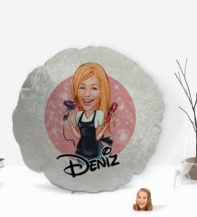 Kişiye Özel İsimli Kadın Kuaför Karikatürlü Yuvarlak Dekoratif Kırlent Yastık-3