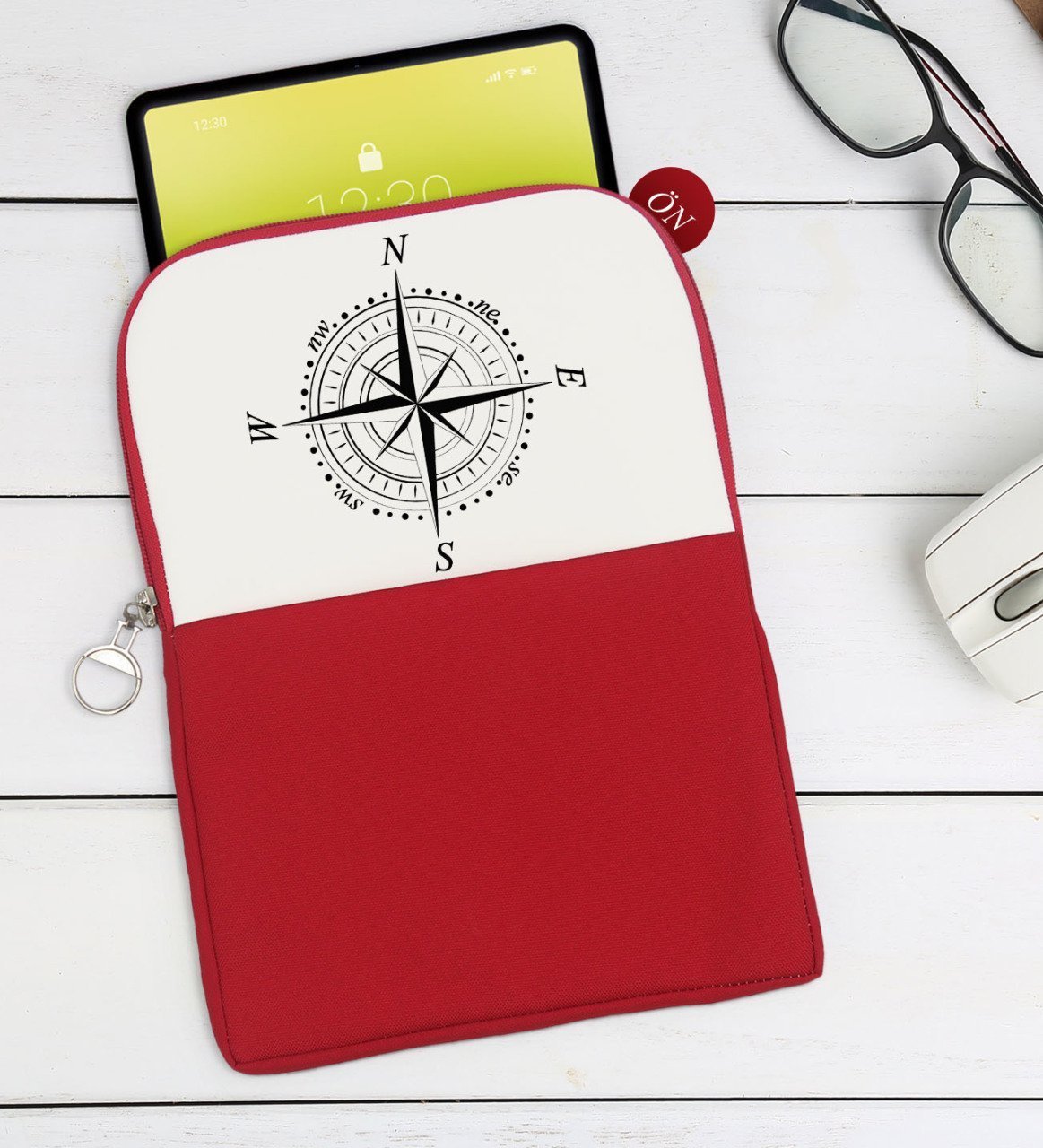 BK Gift Pusula Tasarımlı Taşınabilir Koruyucu Tablet Kılıfı & Organizer Çanta - Kırmızı-2