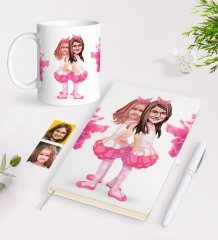 Kişiye Özel Kız Kardeşler Karikatürlü Beyaz Defter Kalem ve Kupa Hediye Seti-3