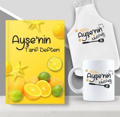 Kişiye Özel İsimli Mutfak Önlüğü Kupa ve Yemek Tarif Defteri Hediye Seti-8