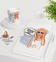 Kişiye Özel Bayan Kolay Yetişmiyor Karikatürlü Beyaz Defter Kalem Türk Kahvesi Fincanı Seti-4