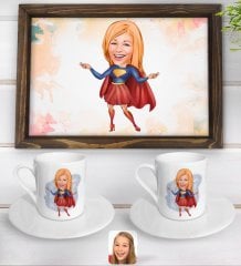 Kişiye Özel Süper Girl Karikatürlü Doğal Ahşap Tepsi ve 2’li Kahve Fincan Seti-1