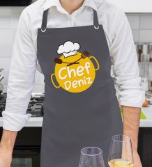BK Gift Kişiye Özel İsimli Chef Tasarımlı Profesyonel Antrasit Mutfak Önlüğü, Aşçı Önlüğü, Şef Önlüğü, Arkadaşa Hediye-3