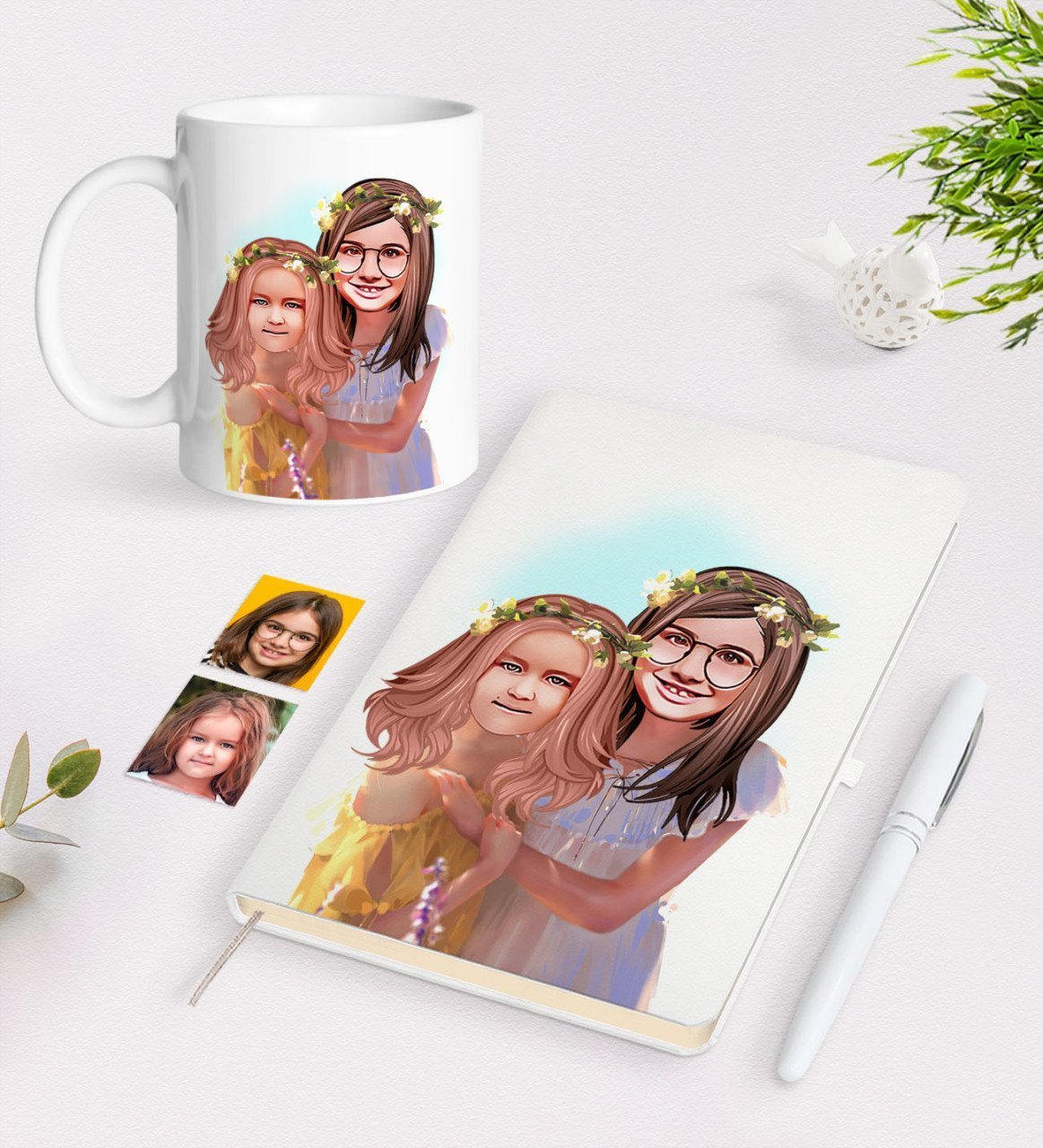 Kişiye Özel Kız Kardeşler Karikatürlü Beyaz Defter Kalem ve Kupa Hediye Seti-2