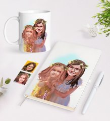 Kişiye Özel Kız Kardeşler Karikatürlü Beyaz Defter Kalem ve Kupa Hediye Seti-2