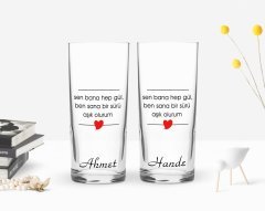 Kişiye Özel Renkli Baskılı Sen Bana Hep Gül Tasarımlı İkili Rakı Bardağı Seti-1