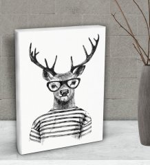 BK Gift Gözlüklü Geyik Tasarımlı Dekoratif Mini Kanvas Tablo 15x20cm-1
