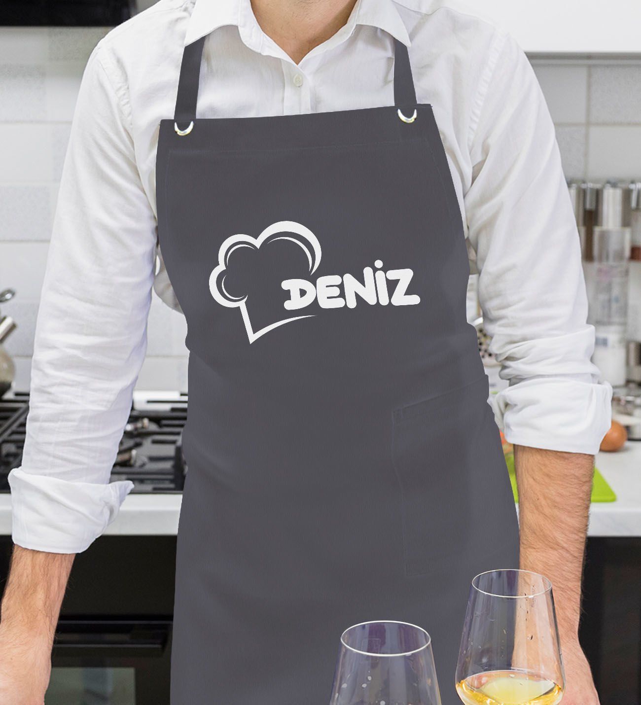BK Gift Kişiye Özel İsimli Chef Tasarımlı Profesyonel Antrasit Mutfak Önlüğü, Aşçı Önlüğü, Şef Önlüğü, Arkadaşa Hediye-2