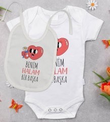 BK Kids Benim Halam Bir Başka Tasarımlı Bebek Body Zıbın ve Mama Önlüğü Hediye Seti - Model 1