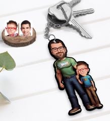BK Gift Kişiye Özel Baba-Oğul Karikatürlü 3D Ahşap Anahtarlık-1, Babalar Günü Hediyesi, Babaya Hediye
