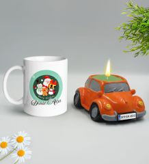 Yılbaşı Hediyesi BK Gift Kişiye Özel Yeni Yıl Tasarımlı Beyaz Kupa Bardak ve Plakalı Nostaljik Vosvos Mum Hediye Seti-3, Sevgiliye, Arkadaşa Hediye